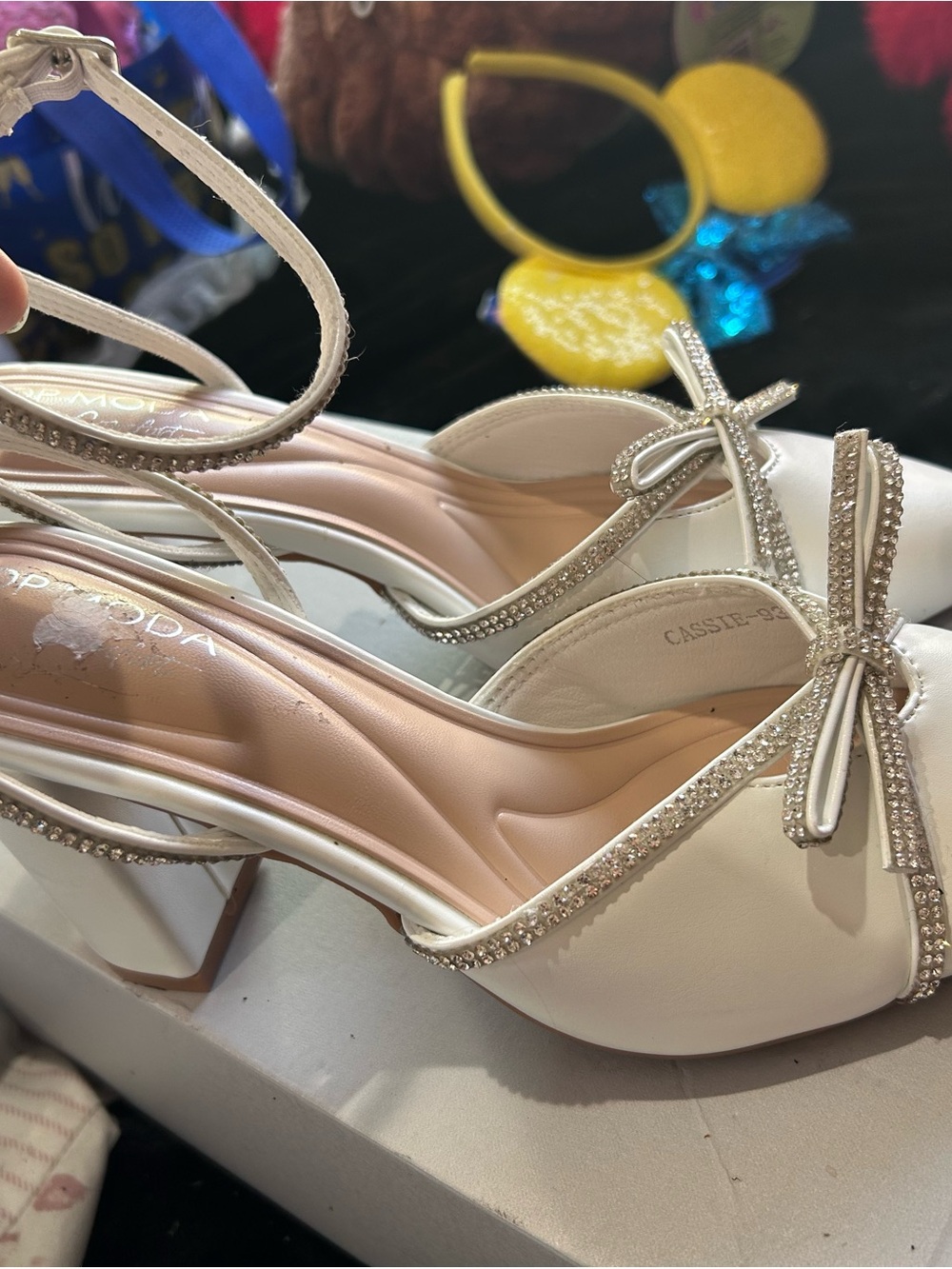 Cassie-Style White Rhinestone Bow Slingback Heels